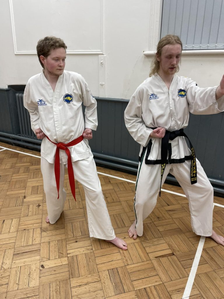 Photo oh Henry Cavanagh teaching a red belt how to do a knife hand strike